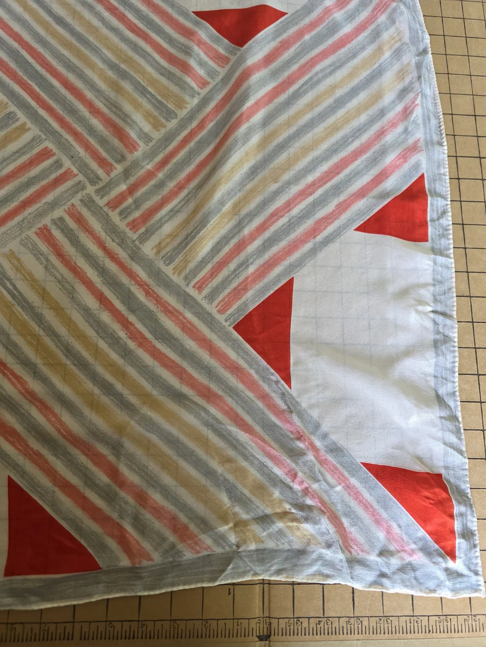 Vintage Vana Silk Scarf  Red Gray Beige Geometric Square Hand Rolled Hem Mod